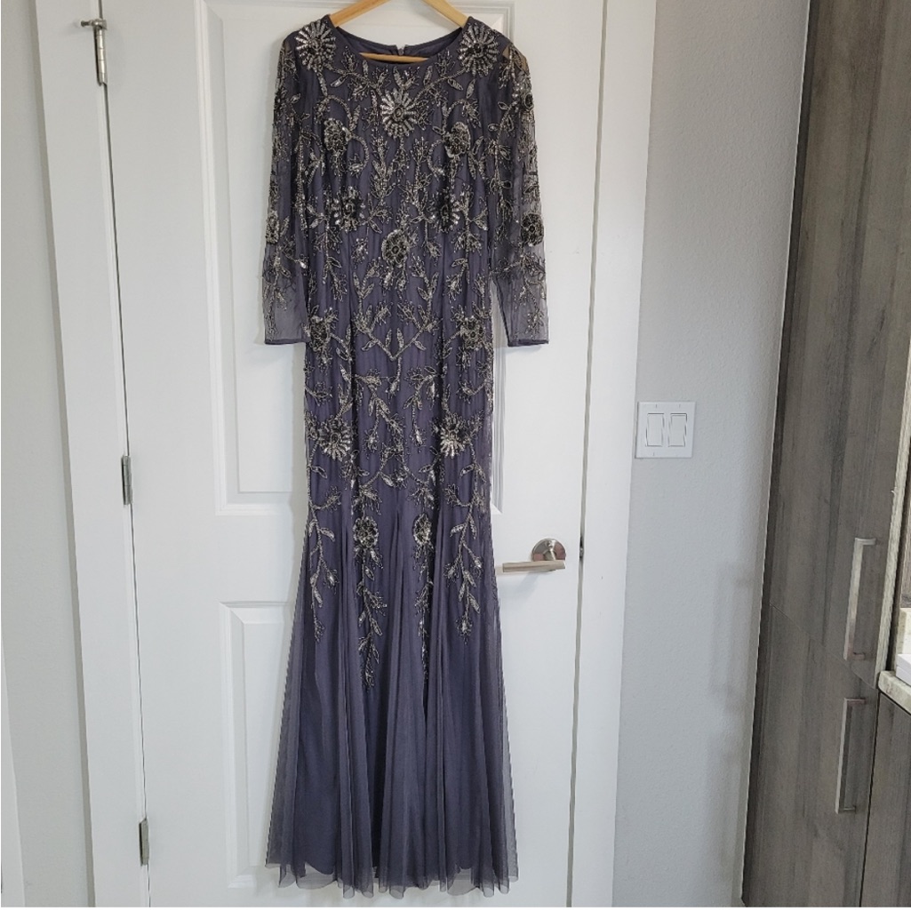 Adrianna Papell Floral Beaded Sequins Godet Evening Gown Lead Gray Size 2